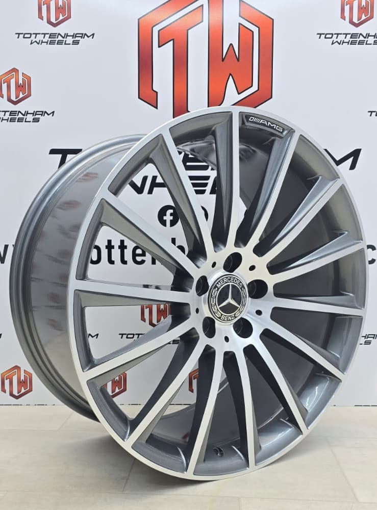 A diamond-cut Mercedes AMG alloy shown at an angle, the machined face catching the light