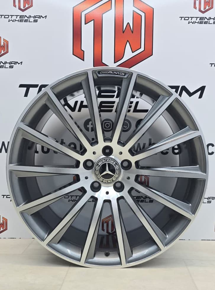 The face of a refinished diamond-cut Mercedes AMG alloy